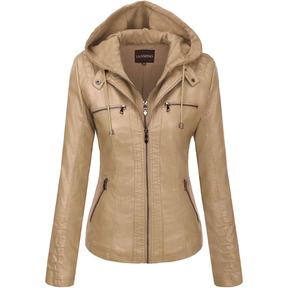 Women's Apricot Hooded Moto Biker Outerwear Fall Fashion Faux Leather Jacket - Picture 1 of 5